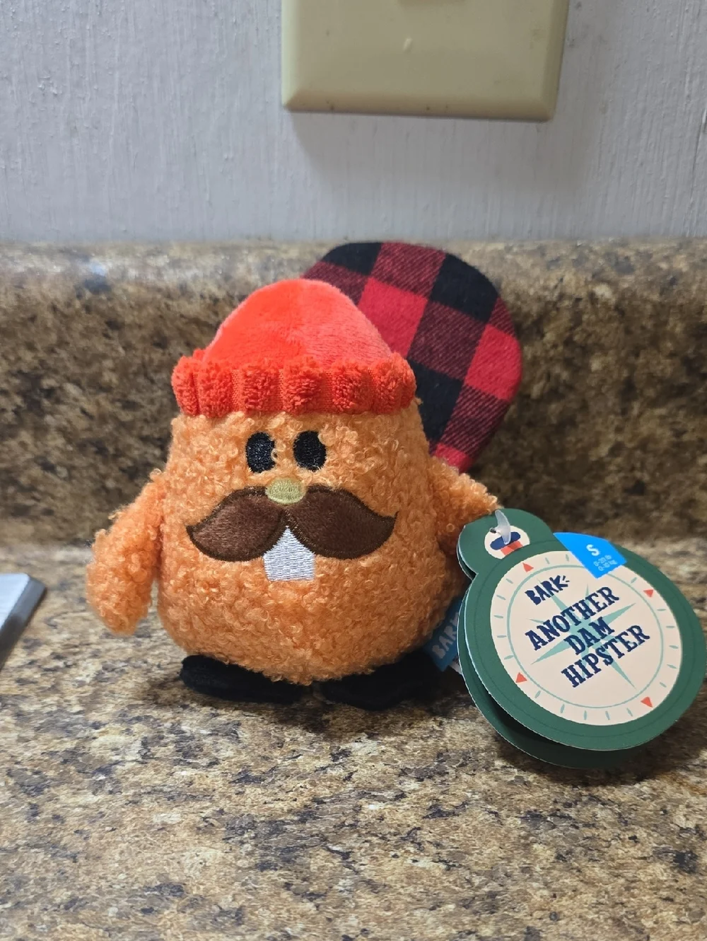 BARK Another Dam Hipster Dog Toy Orange with Plaid‎ Accent NWT Size Small